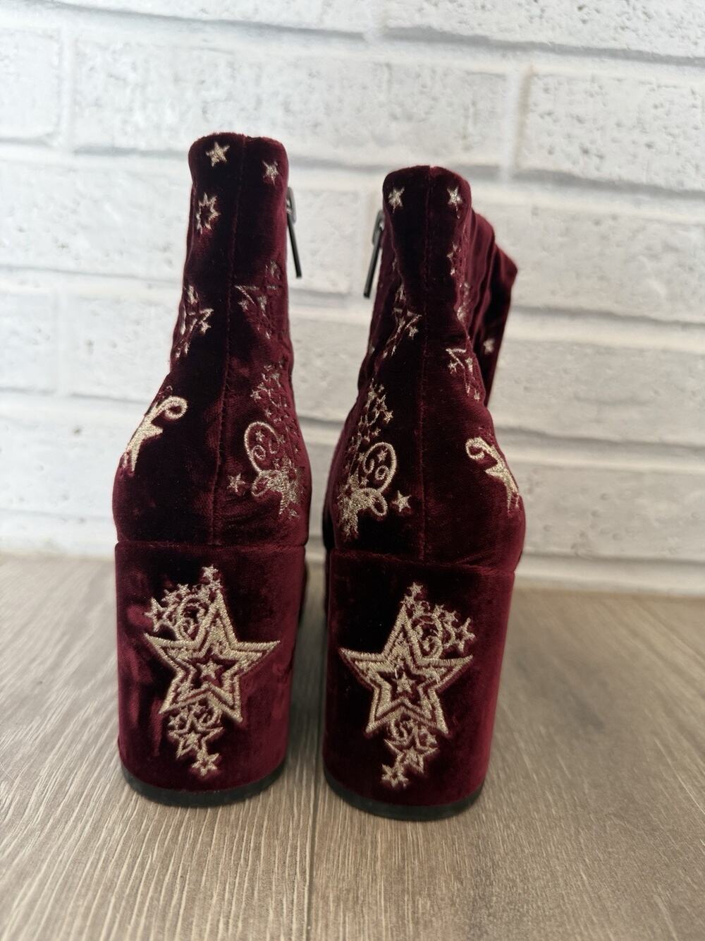 ASH Elixir Velvet Ankle Boots 37 Burgundy Gold Celestial Stars Moon Embroidered